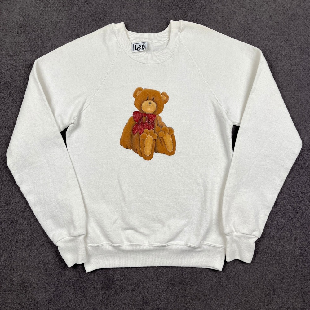 Vintage Teddy Bear Lee Sweatshirt Womens Small White Glitter Bow USA Made 90s